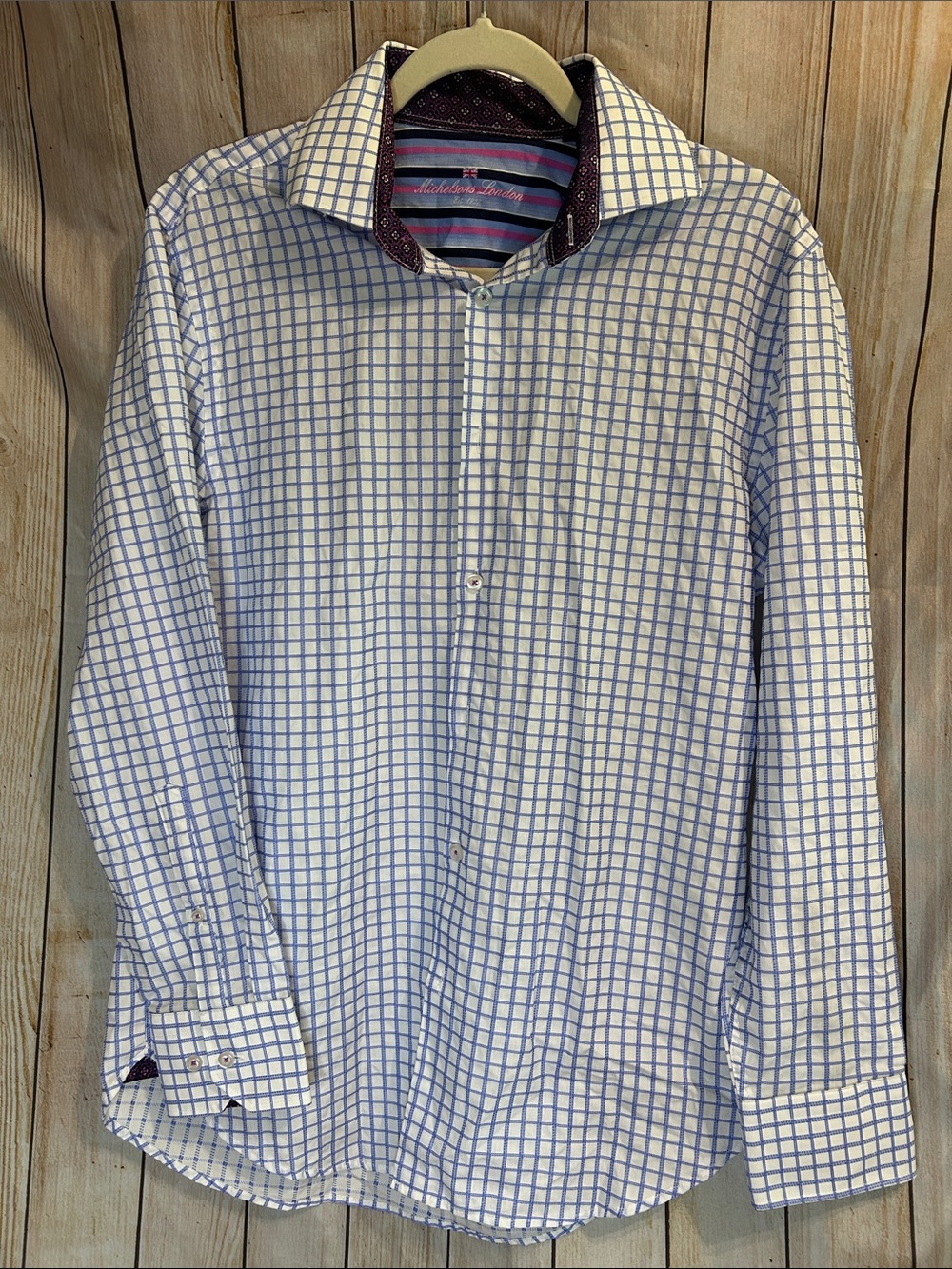 Men's White and Blue Grid Dress Shirt with Contrast Collar